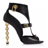 Pig Leather Ankle Strap Gold Metal Chain Heel