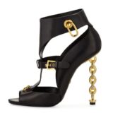 Pig Leather Ankle Strap Gold Metal Chain Heel - Image 2