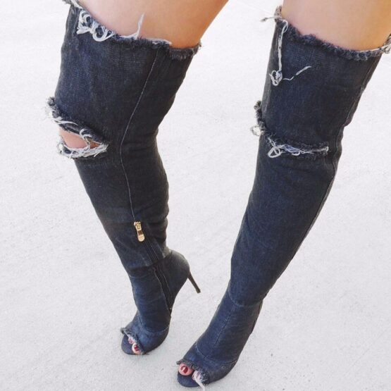 hollyn blue black denim boots  peep toe hollow over the knee boots spring autumn - Image 2