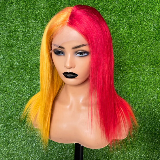 emory red yellow ombre two tone lace front European 100% Human Hair long straight 24" Wig