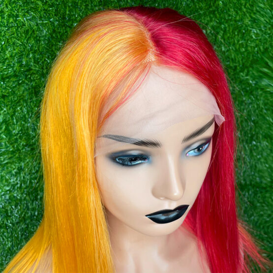 emory red yellow ombre two tone lace front European 100% Human Hair long straight 24" Wig - Image 2