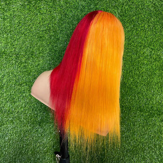 emory red yellow ombre two tone lace front European 100% Human Hair long straight 24" Wig - Image 4