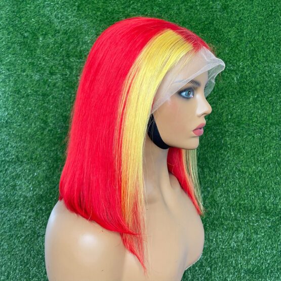 Kaitlyn bright deep red 150% long yellow streak two tone European 100% human hair wig