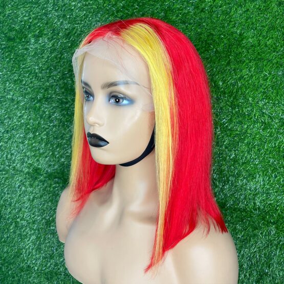 Kaitlyn bright deep red 150% long yellow streak two tone European 100% human hair wig - Image 2