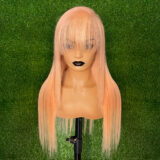 Remington light pink fringe lace front Human Hair bang long straight 24" Wig