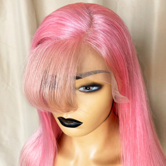 April 24inch deep usia pink lace front fringe bang long European 100% thick human hair wig - Image 2