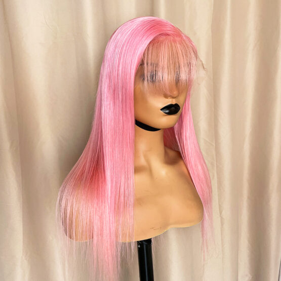 April 24inch deep usia pink lace front fringe bang long European 100% thick human hair wig