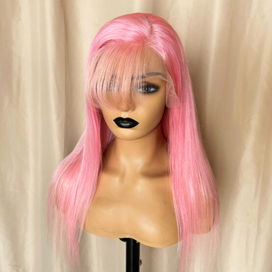 April 24inch deep usia pink lace front fringe bang long European 100% thick human hair wig - Image 5