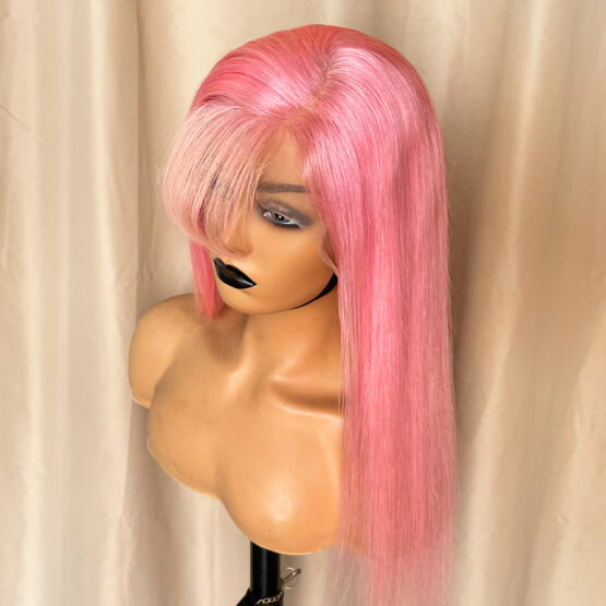 April 24inch deep usia pink lace front fringe bang long European 100% thick human hair wig - Image 4