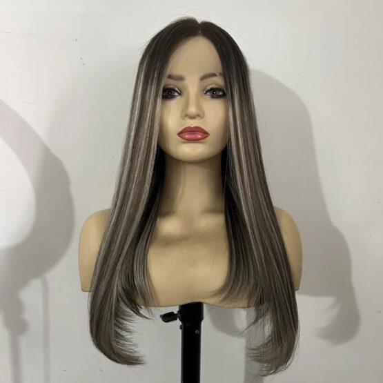 brunette with blonde- tinted highlights lace front straight long human hair wig