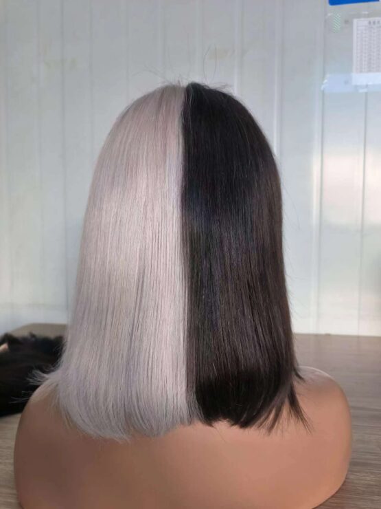 Daniella straight long ombre ashy platinum silver black colour block blonde Brazilian 100% Human hair Wig - Image 2