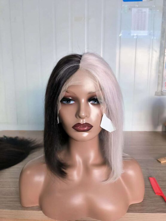 Daniella straight long ombre ashy platinum silver black colour block blonde Brazilian 100% Human hair Wig - Image 3