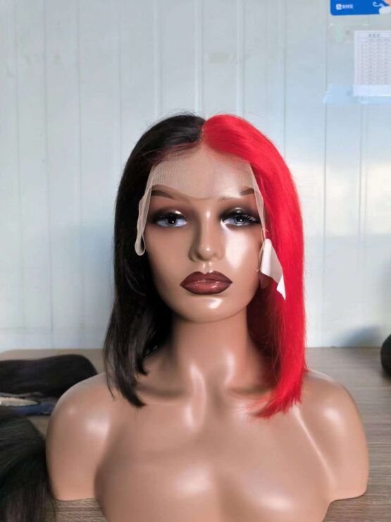 Paige bob straight half red half black crimson brazilian 100% human hair lace front wig