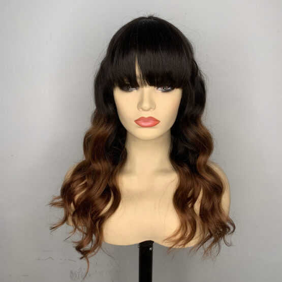 infuse brown 100% European Human hair ombre lace front 24" long fringe curly Wig - Image 2