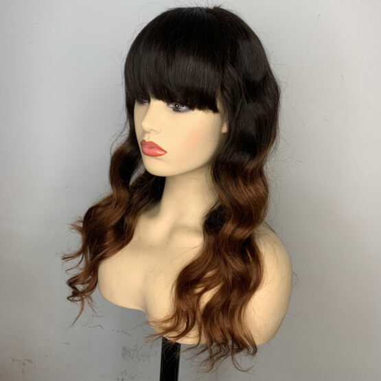 infuse brown 100% European Human hair ombre lace front 24" long fringe curly Wig