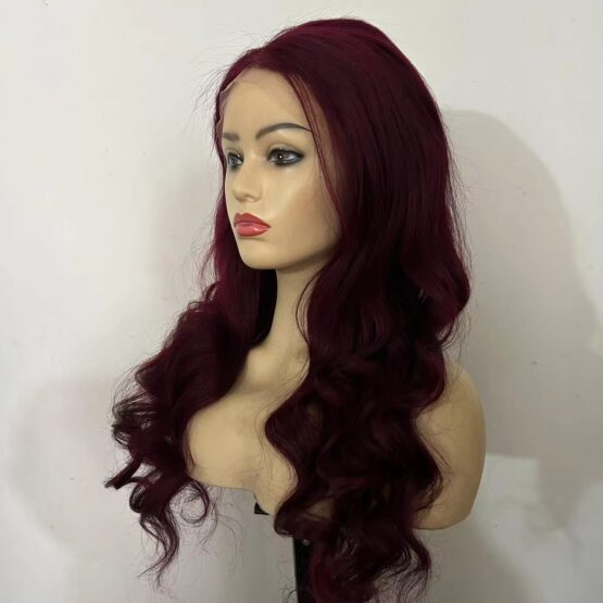 Francesca long deep red long wavy straight 100% Human hair lace front 24" Wig - Image 2